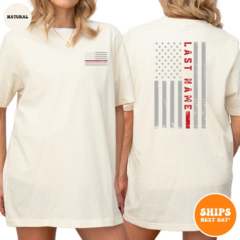 Custom Last Name Firefighter T-shirt | Thin Red Vertical Line Flag | Personalized Firefighter Shirt | Custom Fireman Gift | Comfort Colors