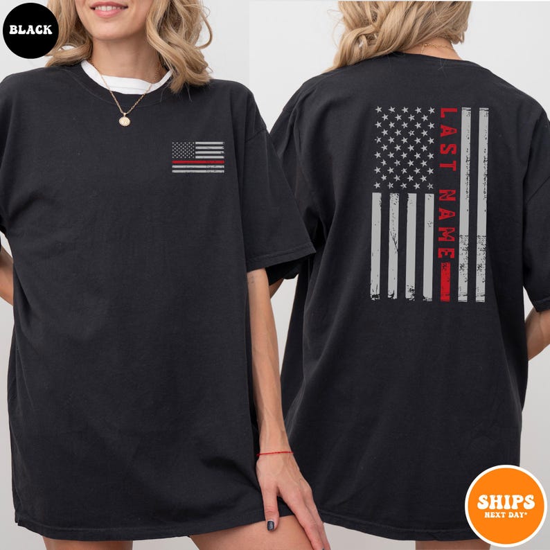 Custom Last Name Firefighter T-shirt | Thin Red Vertical Line Flag | Personalized Firefighter Shirt | Custom Fireman Gift | Comfort Colors