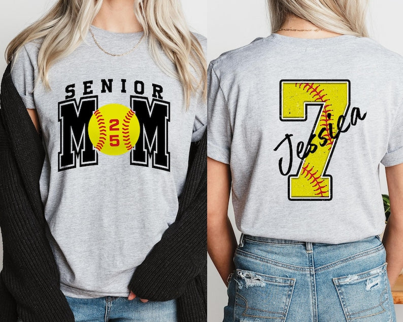 Senior Softball Mom T-Shirt, Custom Name and Number Softball Mom Shirt,Senior Softball Mom Shirt, Game Day T-Shirt,Custom Softball Mom Shirt
