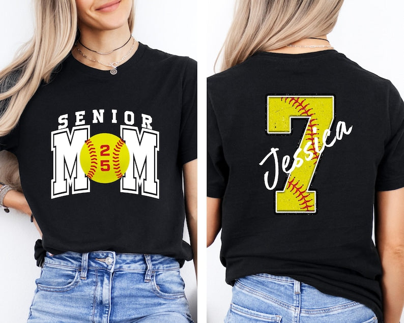 Senior Softball Mom T-Shirt, Custom Name and Number Softball Mom Shirt,Senior Softball Mom Shirt, Game Day T-Shirt,Custom Softball Mom Shirt