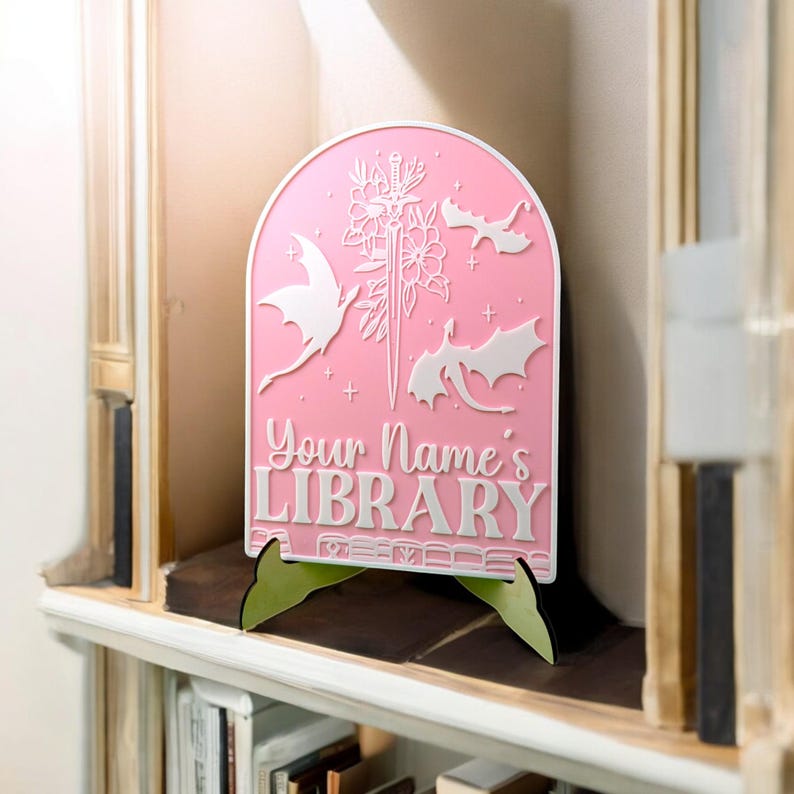 Dragon Personalized Library Sign Custom Book Decor 3D Printed Bookish Bookshelf Sign for Book Nook with Stand, Book Lover Gift, Reader Gift
