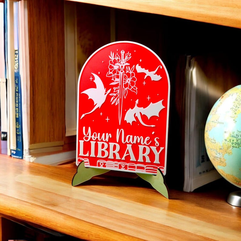 Dragon Personalized Library Sign Custom Book Decor 3D Printed Bookish Bookshelf Sign for Book Nook with Stand, Book Lover Gift, Reader Gift