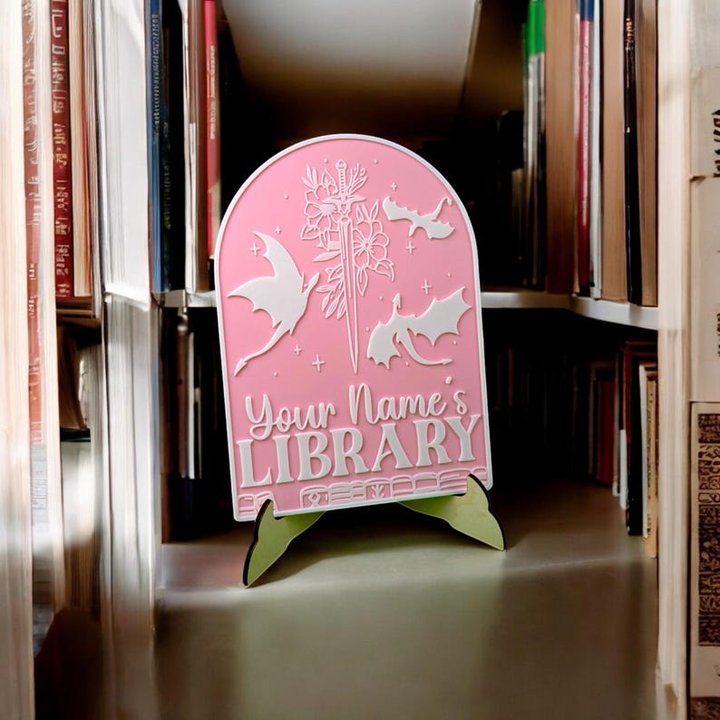 Dragon Personalized Library Sign Custom Book Decor 3D Printed Bookish Bookshelf Sign for Book Nook with Stand, Book Lover Gift, Reader Gift