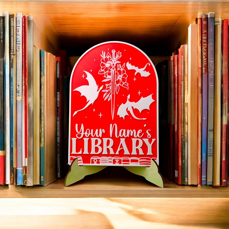 Dragon Personalized Library Sign Custom Book Decor 3D Printed Bookish Bookshelf Sign for Book Nook with Stand, Book Lover Gift, Reader Gift