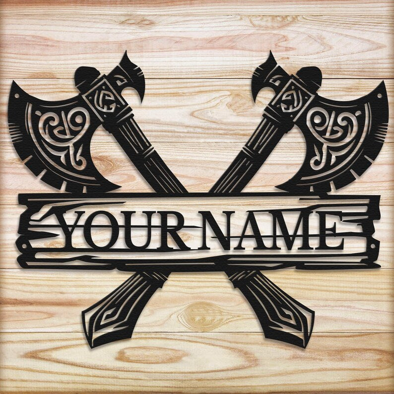 Personalized Vikings Axe Metal Wall Art: Custom Name Sign