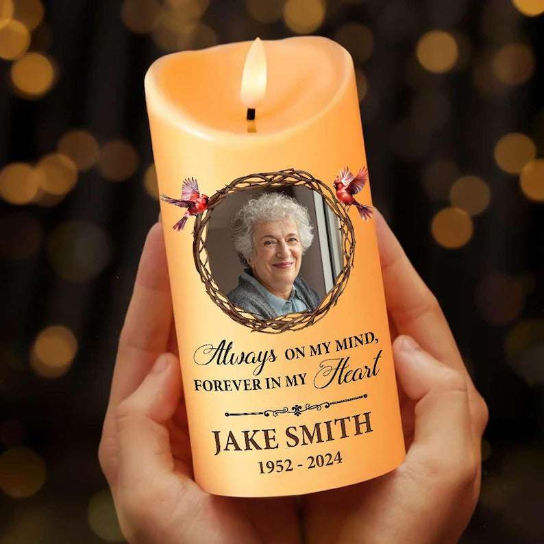 Custom Photo Always On My Mind Forever In My Heart - Memorial Personalized Custom LED Candle - Sympathy Gift For Family Members