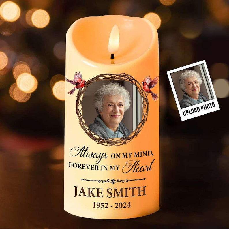 Custom Photo Always On My Mind Forever In My Heart - Memorial Personalized Custom LED Candle - Sympathy Gift For Family Members