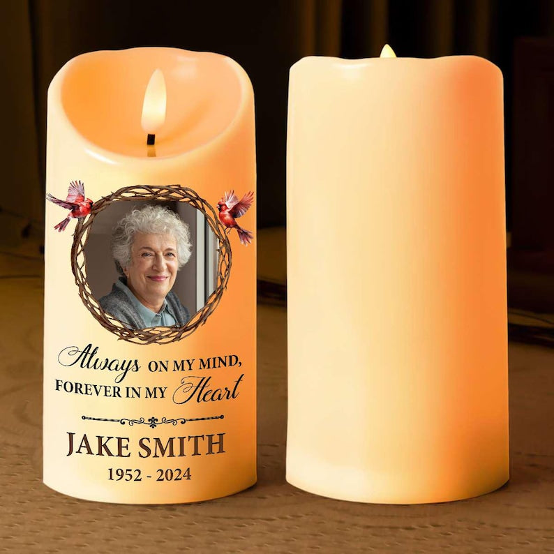 Custom Photo Always On My Mind Forever In My Heart - Memorial Personalized Custom LED Candle - Sympathy Gift For Family Members