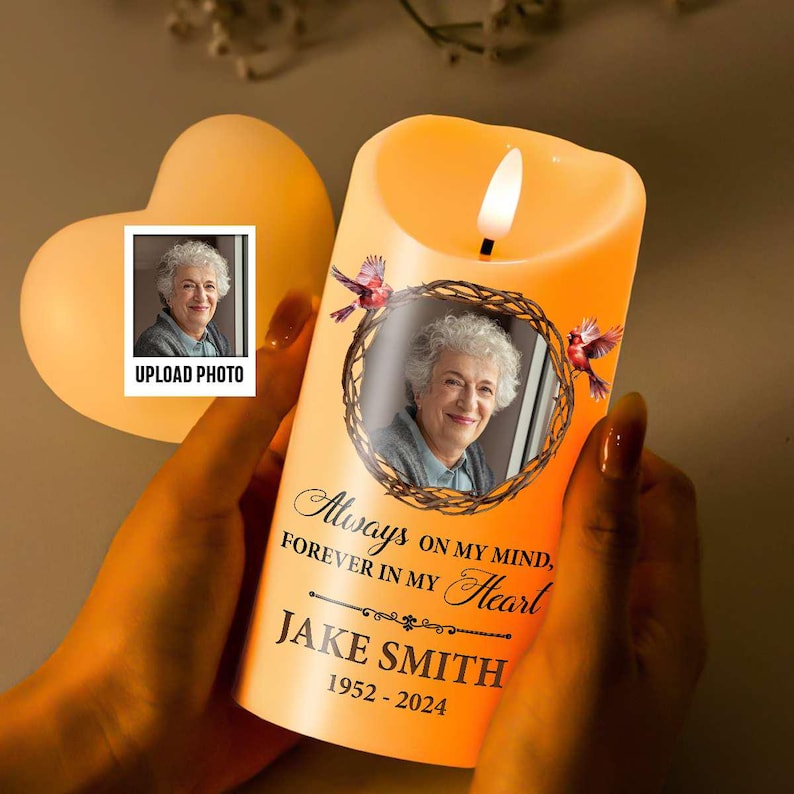 Custom Photo Always On My Mind Forever In My Heart - Memorial Personalized Custom LED Candle - Sympathy Gift For Family Members