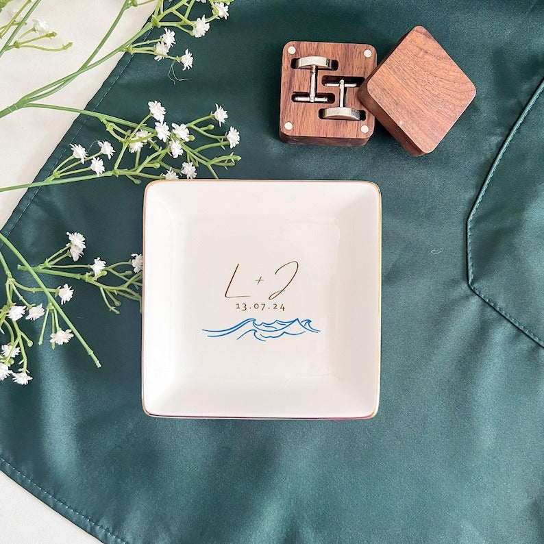Custom Initial Name Wedding Ring Dish, Sea Wave Jewelry Dish For Bride, Trinket Dish Ring Holder, Minimalist Beach Wedding Gift