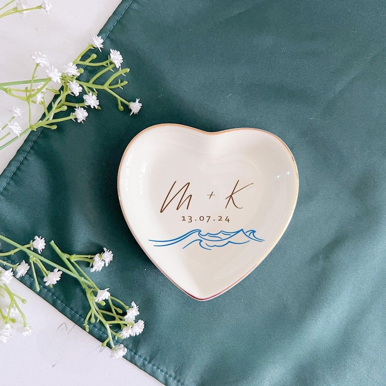 Custom Initial Name Wedding Ring Dish, Sea Wave Jewelry Dish For Bride, Trinket Dish Ring Holder, Minimalist Beach Wedding Gift