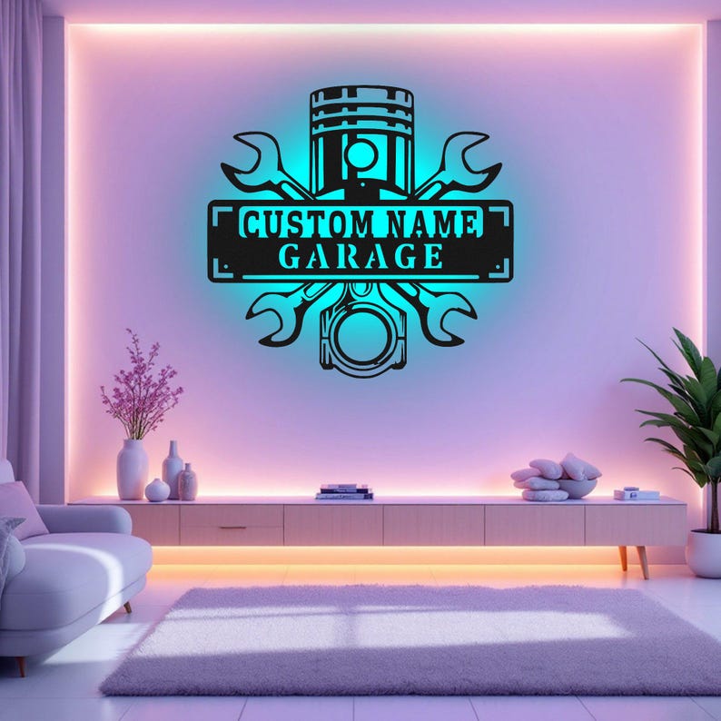 Custom Garage Name Metal Wall Art With LED Light, Personalized Workshop Name Sign Decoration For Room, Car Mechanic Repair Metal LED Decor