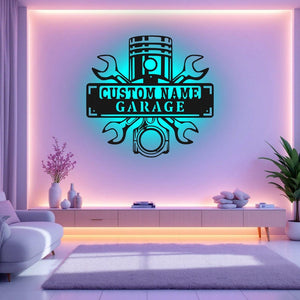 Custom Garage Name Metal Wall Art With LED Light, Personalized Workshop Name Sign Decoration For Room, Car Mechanic Repair Metal LED Decor