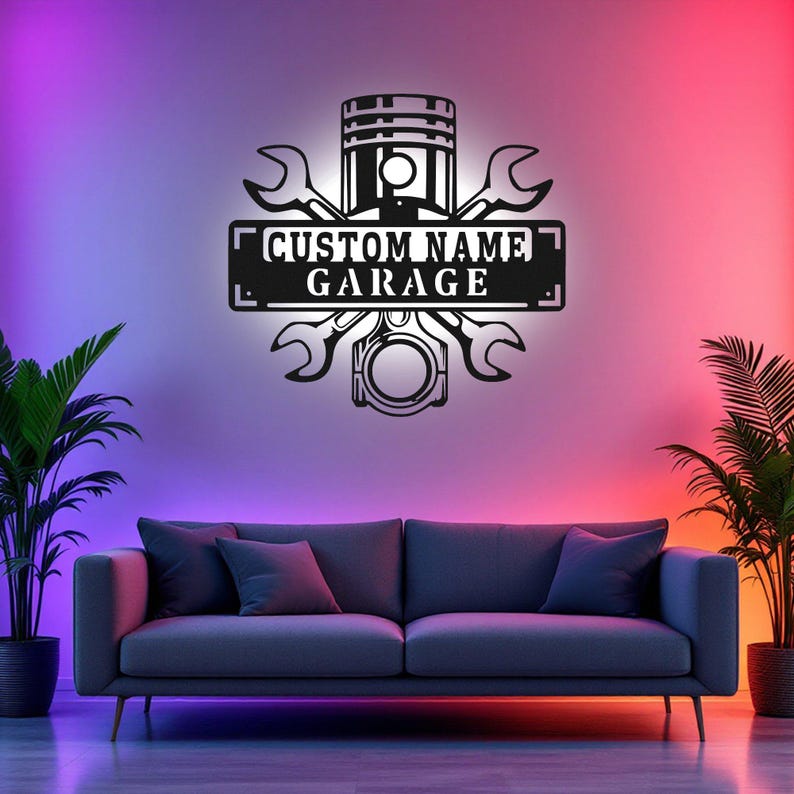Custom Garage Name Metal Wall Art With LED Light, Personalized Workshop Name Sign Decoration For Room, Car Mechanic Repair Metal LED Decor