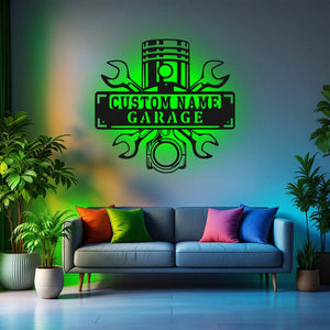 Custom Garage Name Metal Wall Art With LED Light, Personalized Workshop Name Sign Decoration For Room, Car Mechanic Repair Metal LED Decor