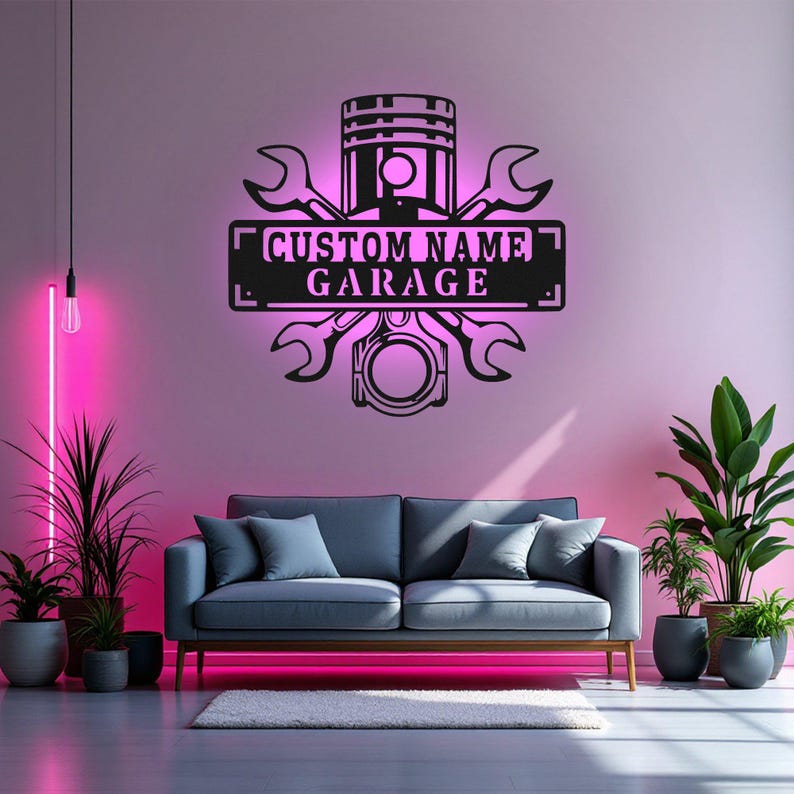 Custom Garage Name Metal Wall Art With LED Light, Personalized Workshop Name Sign Decoration For Room, Car Mechanic Repair Metal LED Decor