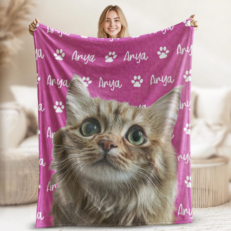 Personalized Cat Face Blankets, Custom Cat Blanket, Personalized Pet Blankets using Photo Name, Cats Lover Gifts, Custom Pet Lover Gifts