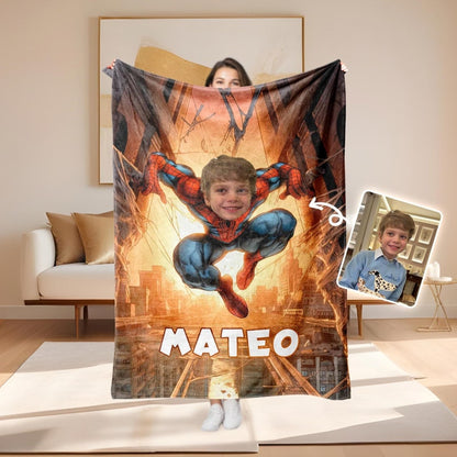 Personalized Spider Superhero Blanket, Custom Face Blanket with Name, Headshot Cozy Blanket, Nursery Blanket Bedding,Christmas Gift For Kids