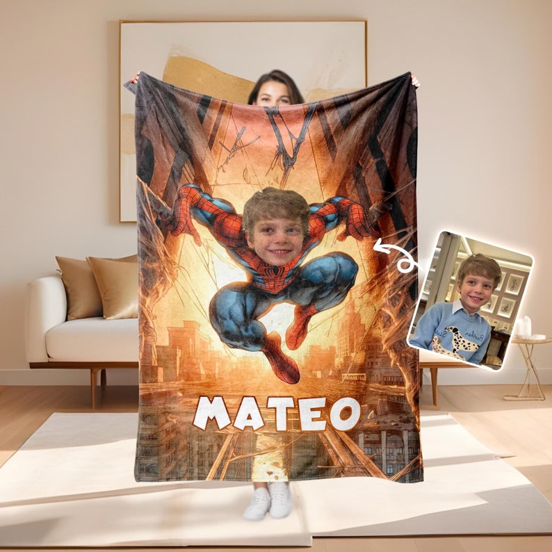 Personalized Spider Superhero Blanket, Custom Face Blanket with Name, Headshot Cozy Blanket, Nursery Blanket Bedding,Christmas Gift For Kids