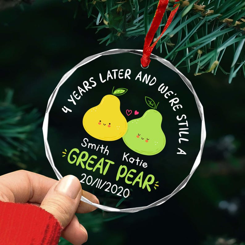 Happy 4th Anniversary Ornament, Fruit Anniversary Gift,Custom 4th Anniversary Gift,Fourth Wedding Anniversary Fruit Puns,Wedding Anniversary Crystal Ornament