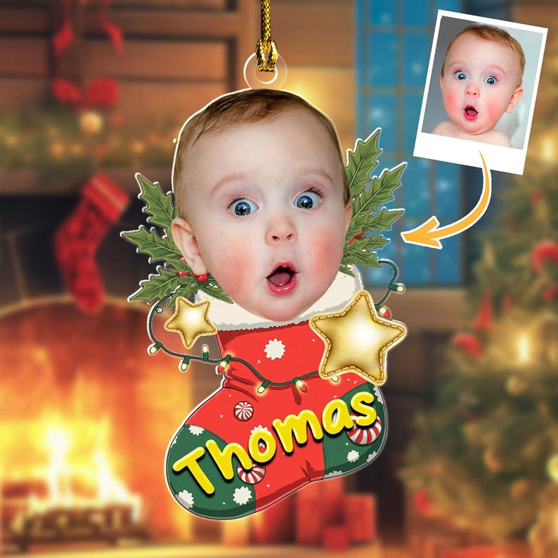 Personalized Photo Baby First Christmas Ornament 2025, Christmas Newborn Baby Gifts for New Mom Dad Grandma Grandpa 2D Flatten Ornament