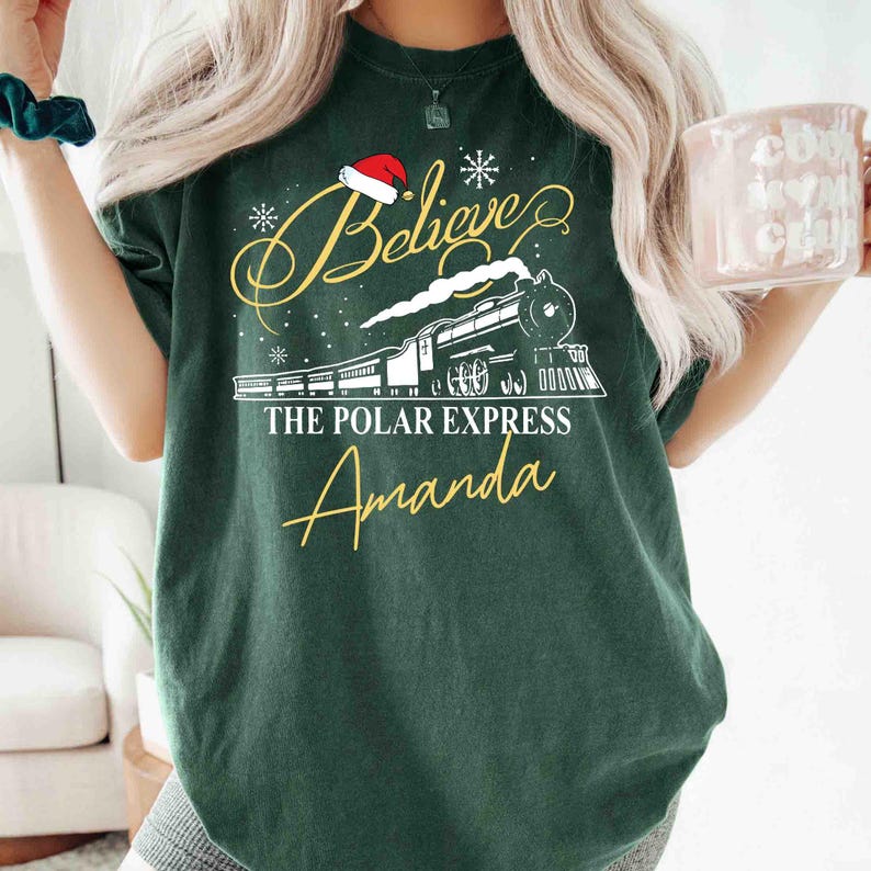 Custom Name Polar Express Family Vacation Shirts, Xmas Crewneck Sweater, Believe Christmas Pajamas for Family, Polar Express Train Shirt