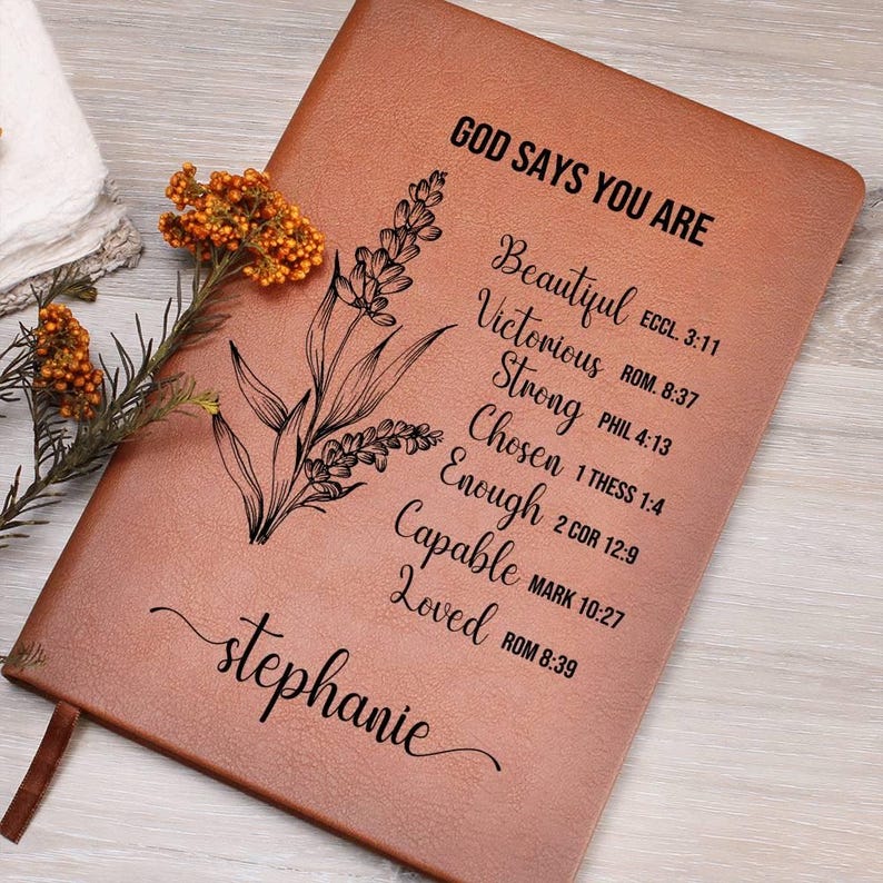 Personalized Prayer Journal Christian Gift for Women God Says I am Positive Affirmations Leather Custom Notebook Christmas Birthday