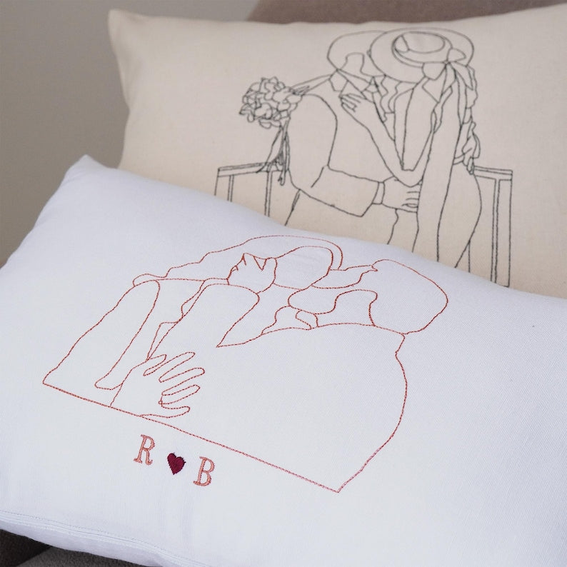 Custom Embroidered Photo Pillow, Personalized Line Art, Cotton Anniversary Gift