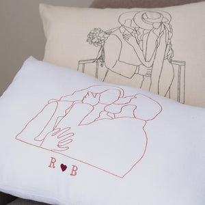 Custom Embroidered Photo Pillow, Personalized Line Art, Cotton Anniversary Gift
