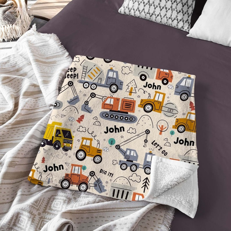 Construction Truck Baby Name Blanket, Custom Baby Boy Nursery Decor, Dump Truck Tractor Excavator Theme Blanket, Personal Baby Shower Gift