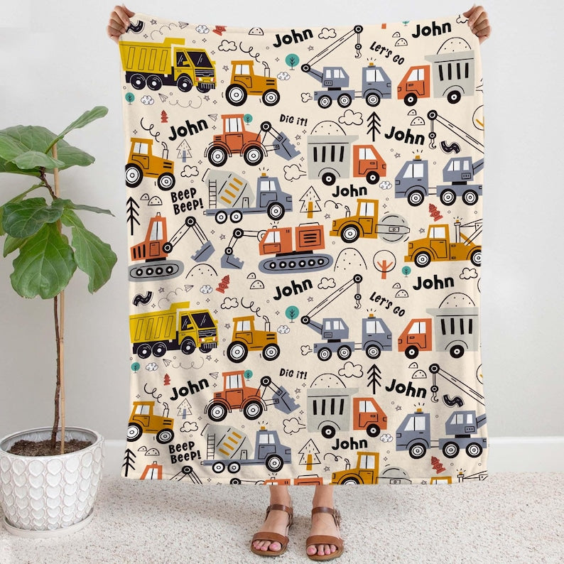 Construction Truck Baby Name Blanket, Custom Baby Boy Nursery Decor, Dump Truck Tractor Excavator Theme Blanket, Personal Baby Shower Gift