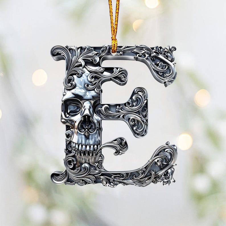 Skull Alphabet Personalized Skull Ornament, Christmas Initial Letter Ornament, Gold Silver Skeleton Ornament, Skeleton Gift