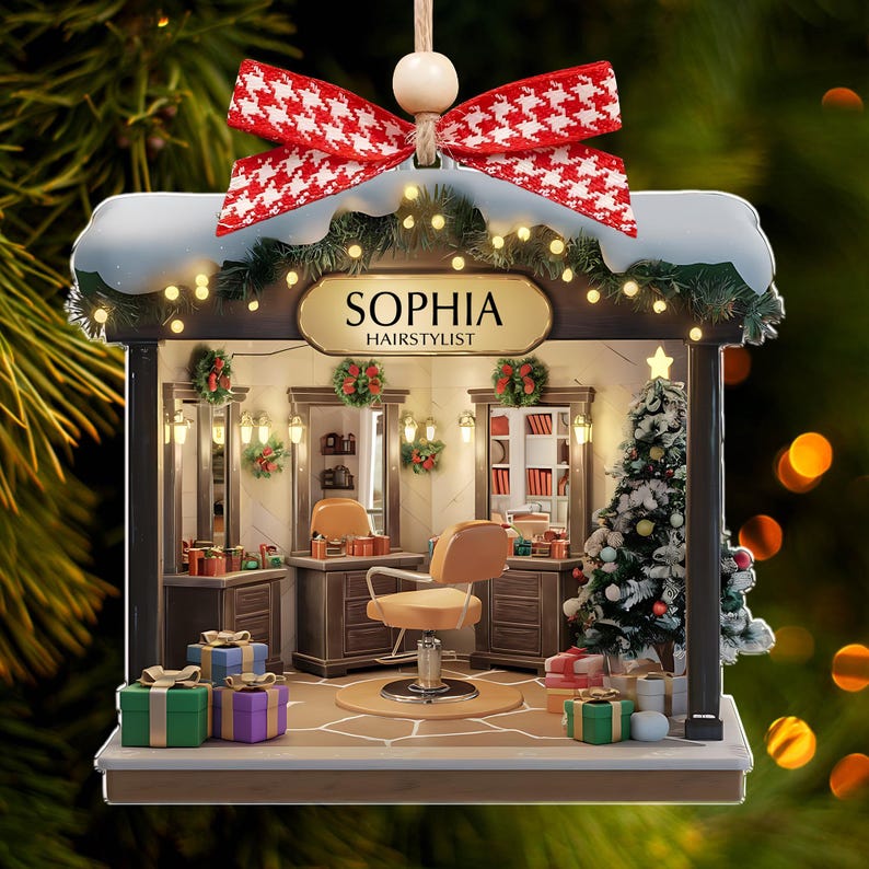 Personalized Hair Salon 2D Flat Printed Acrylic Ornament Not 3D, Hairdresser Gifts, Christmas Decor, Hair Stylist Christmas Ornament