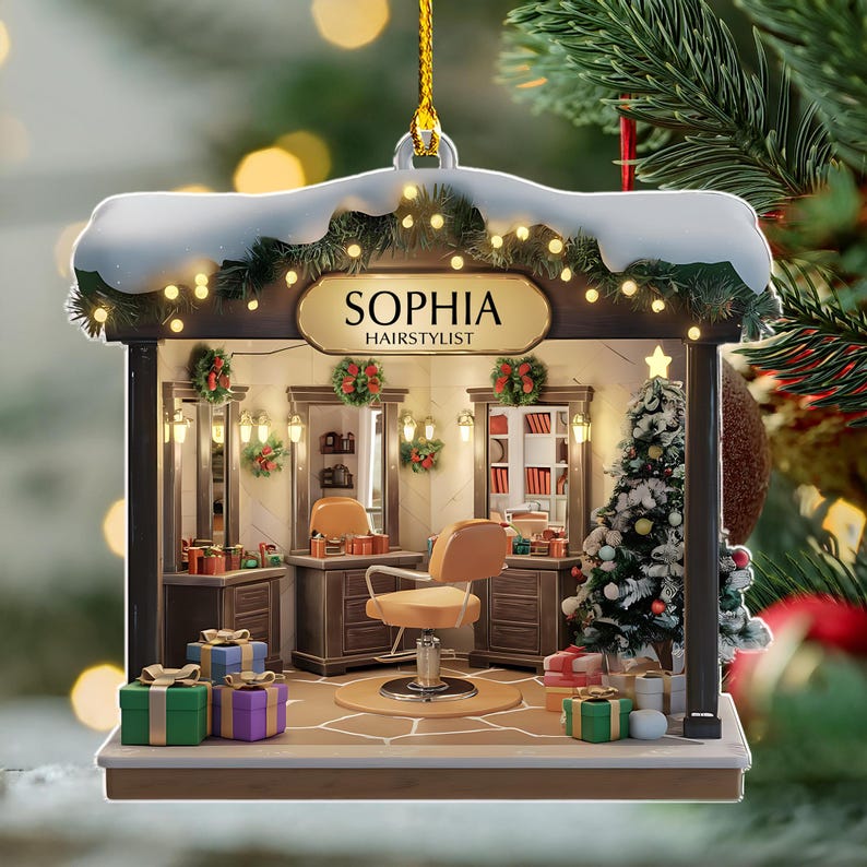 Personalized Hair Salon 2D Flat Printed Acrylic Ornament Not 3D, Hairdresser Gifts, Christmas Decor, Hair Stylist Christmas Ornament