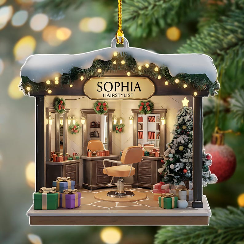 Personalized Hair Salon 2D Flat Printed Acrylic Ornament Not 3D, Hairdresser Gifts, Christmas Decor, Hair Stylist Christmas Ornament