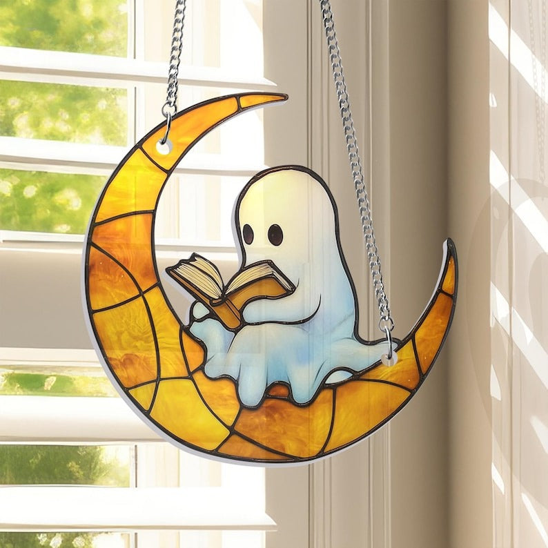 Suncatcher Ghost Reading Book On Moon Acrylic Hanging, Reading Book Suncatcher, Reading Gifts, Housewarming Gifts Decor, Book Lover Gift