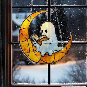 Suncatcher Ghost Reading Book On Moon Acrylic Hanging, Reading Book Suncatcher, Reading Gifts, Housewarming Gifts Decor, Book Lover Gift