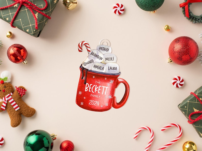 Christmas Ornaments, Marshmallow Family Ornament, Personalized Family Christmas Decoration, Family Christmas Gift, Hot Cocoa Cup Ornament