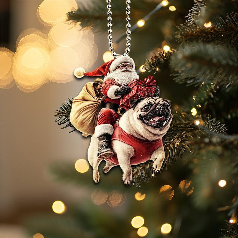 2D Flat Funny Pug Ornament, Pug Dog, Santa and Dog Ornament, Car Hanging Ornament, Christmas Gift, Dog Lover Gifts