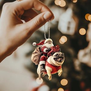 2D Flat Funny Pug Ornament, Pug Dog, Santa and Dog Ornament, Car Hanging Ornament, Christmas Gift, Dog Lover Gifts