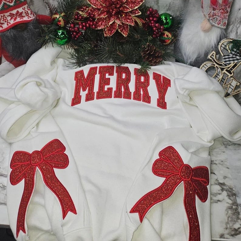 Merry and Bright Embroidered Bow Sweatshirt, Side Bow Applique Sweatshirt, Christmas Bow Sweatshirt, Glitter Christmas Sweatshirt