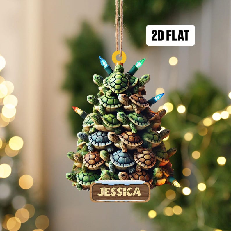 Personalized Turtle 2D Flat Ornament, Turtle Tree Rearview Mirror Car Accessories, Ocean Christmas Ornament, Holiday Gift for Ocean Lover