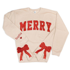 Custom Merry Side Bow Cut-Out Sweatshirt With Glitter, Trendy Coquette Bow, Side Bow Applique Sweatshirt Christmas Sweatshirt, Merry Xmas