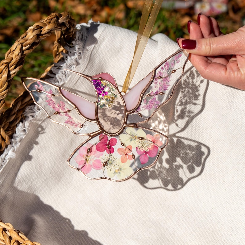 Hummingbird Stained Glass Window Hangings Christmas Gifts Pressed Flower Art Custom Stained Glass Hummingbird Suncatcher Gifts For Mom