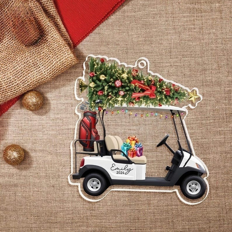 Personalized Golf Cart Christmas Ornament, Golf Car Shaped Acrylic Ornament, Golf Lovers Gifts, Golf Cart Ornament, Golf Clubs Ornament