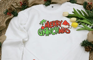 Personalized Merry Grinchmas Hand Heart Side Bow Sweatshirt, Custom Bow Applique Embroidery Sweatshirt, Greench Bow Embroidery Design, Greench Family Gift, Christmas Gift