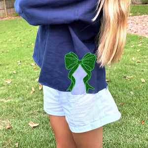 Side Bow Applique Sweatshirt Embroidery, Green Glitter Bow, Christmas Embroidery Sweatshirt, Bow Applique, Motif/Quilted