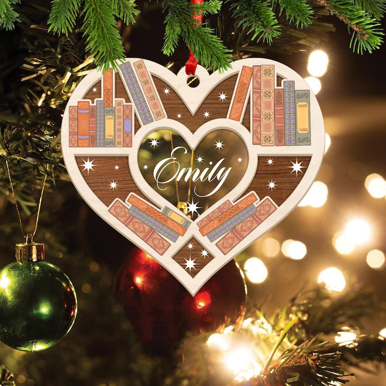 Custom Bookshelf Heart Christmas 4D Ornament, Bookworm Wood and Acrylic Ornament, Book Lover Tree Decor, Bookish Gift, Librarian Ornament