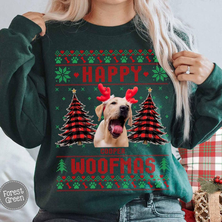 Custom Photo Dog Ugly Christmas Sweatshirt, Dog Mom Christmas Sweater, Merry Woofmas Sweatshirt, Funny Dog Lovers,Christmas Golden Retriever