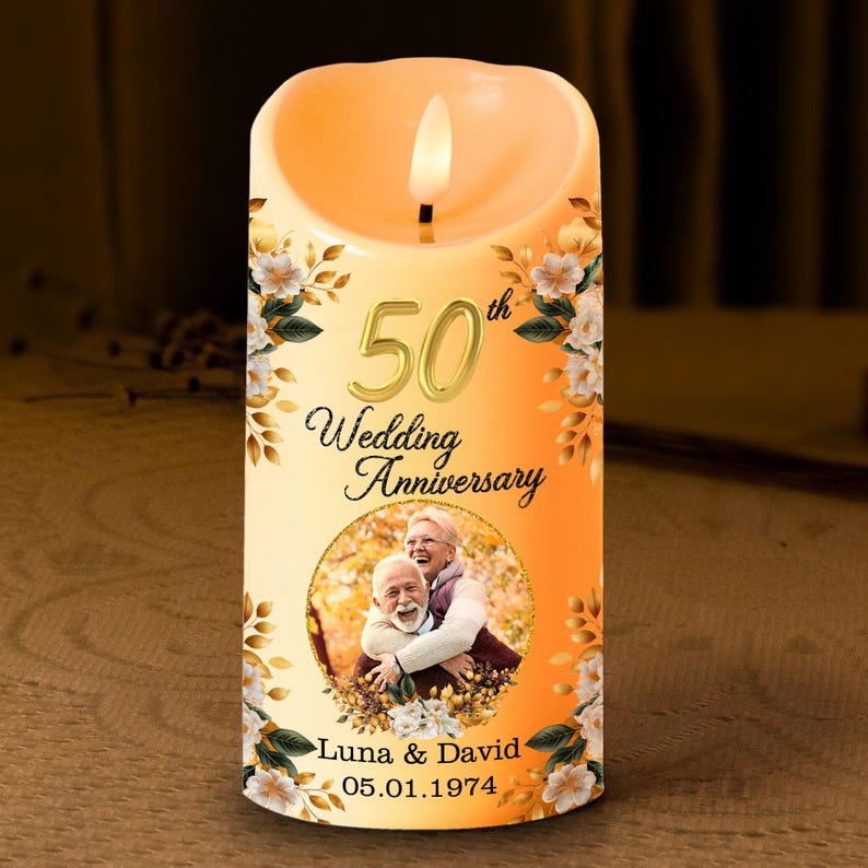 Personalized Photo 50th Wedding Anniversary Gift Led Candle, 50 Gold Wedding Gifts For Parents, Golden 50 Anniversary Gift, Christmas Decor